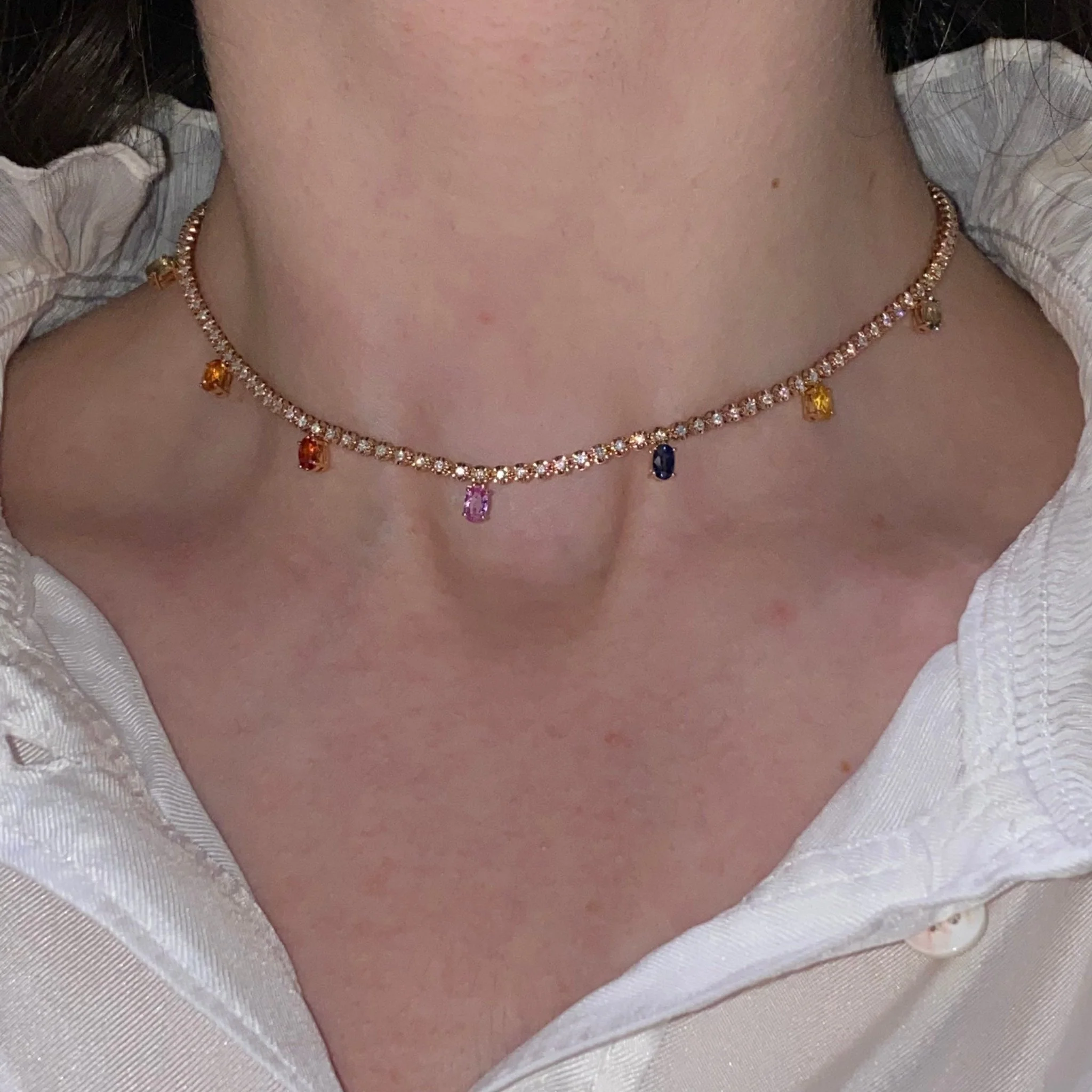 Diamond 18K Rose Gold Necklace with Multi Sapphires for Her - Image 3