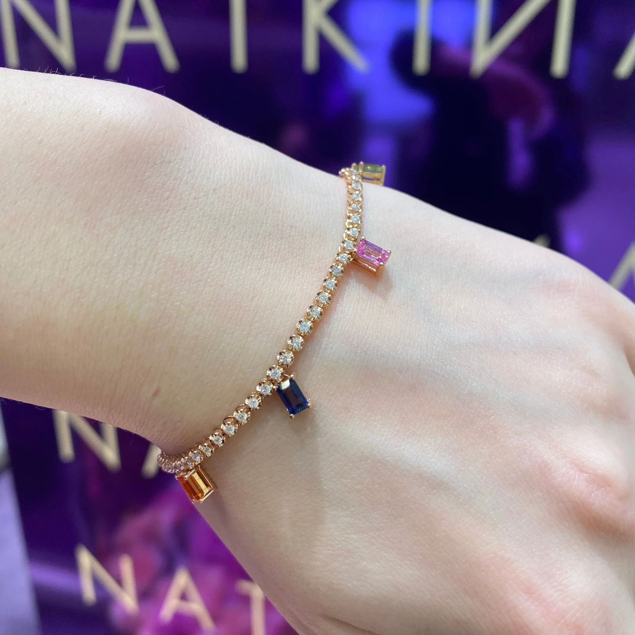 Diamond Multi Sapphire Tennis BRACELET 18K Rose Gold For Her - Image 3