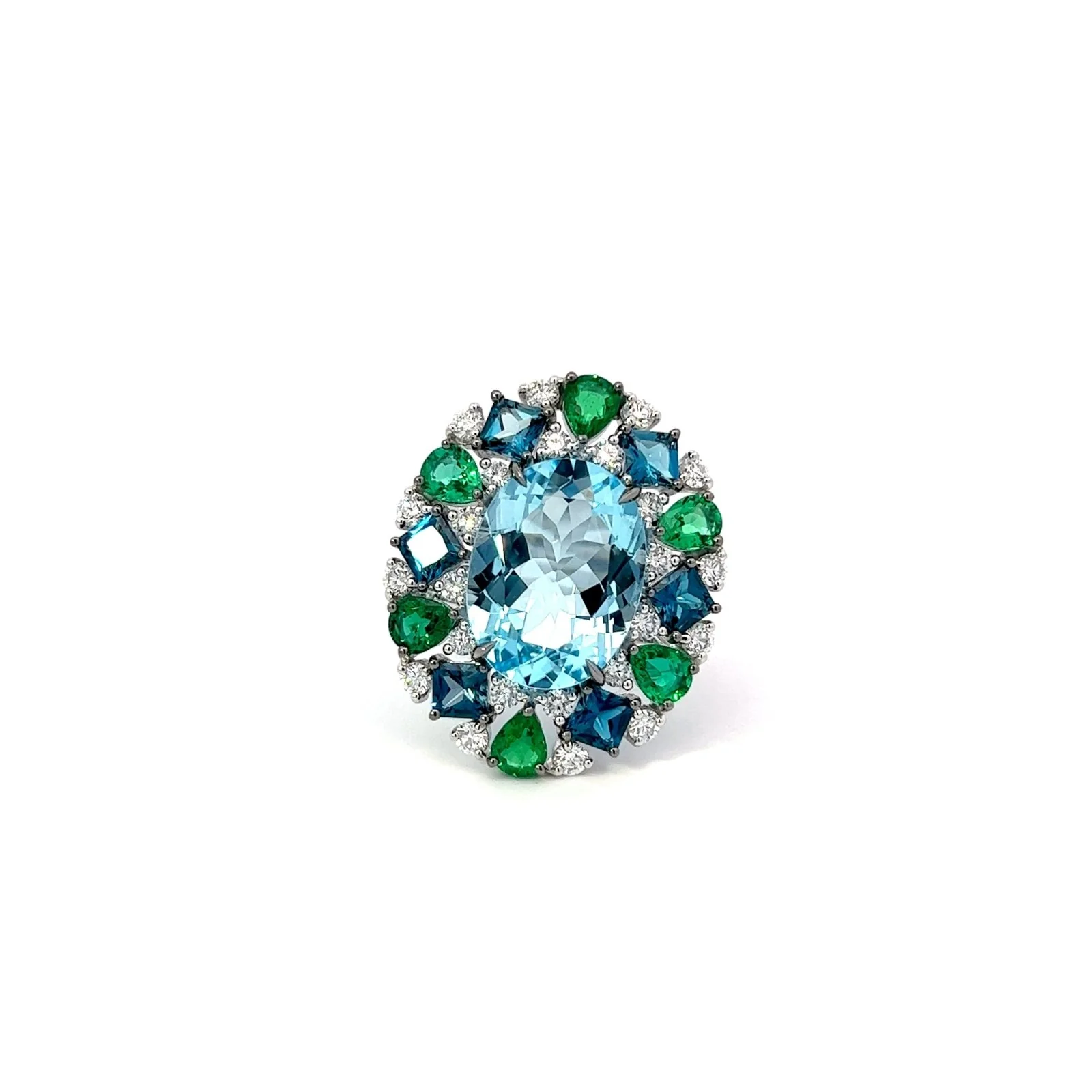Timeless Blue Topaz Emerald Diamond 18K White Gold Exclusive Ring (Large)