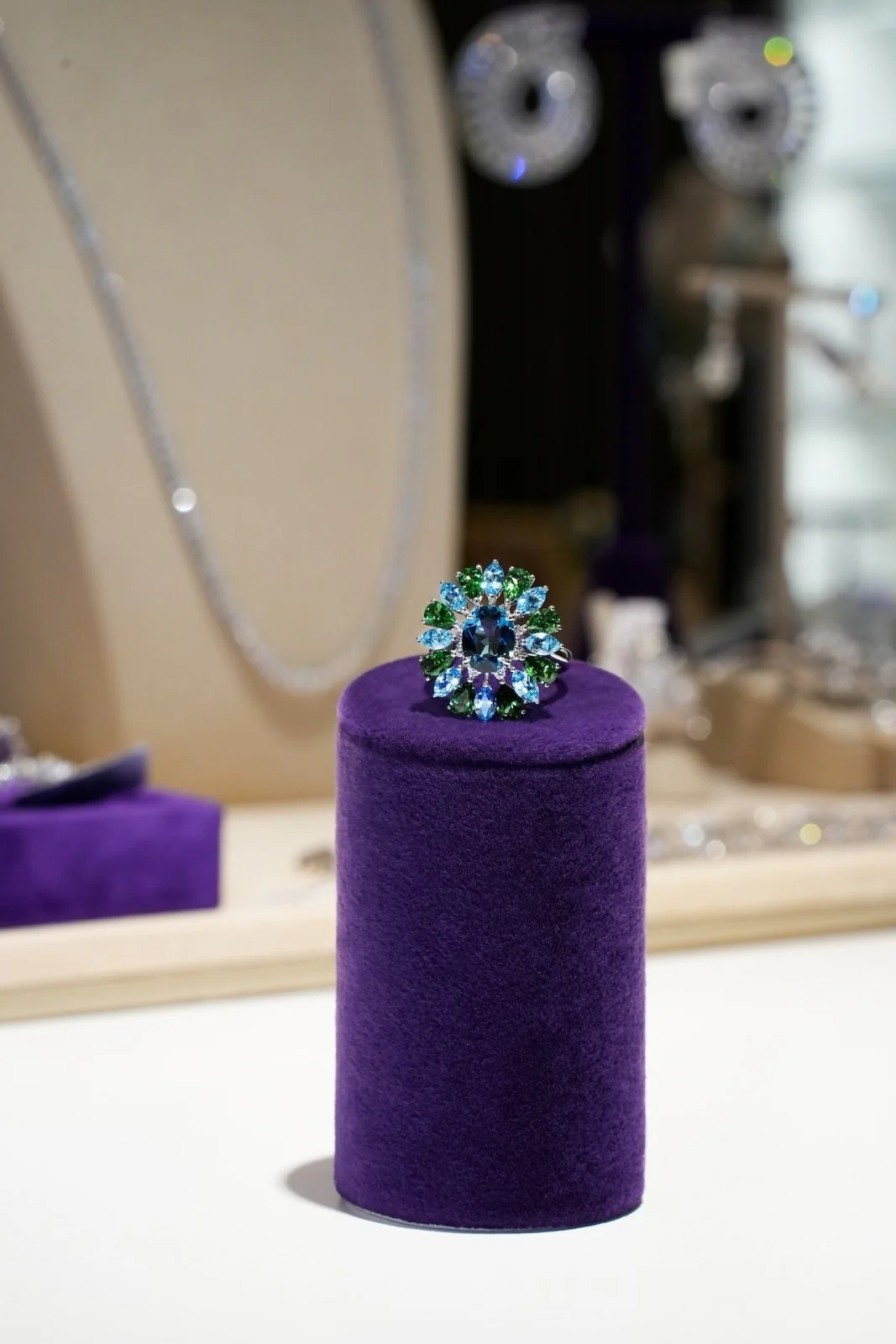 Timeless Blue Topaz Emerald Diamond 18K White Gold Exclusive Ring (Large) - Image 4