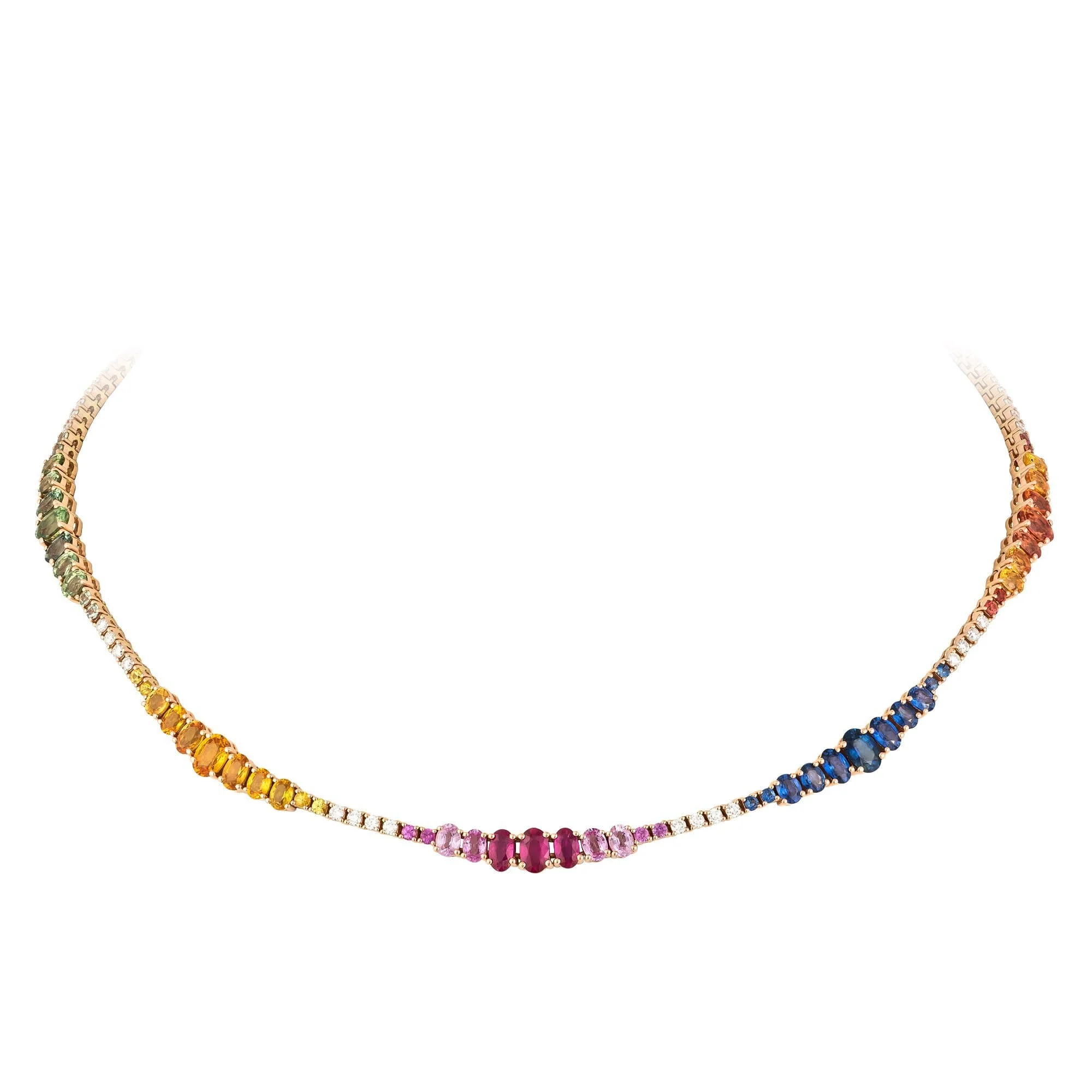 Chaotic Ruby Sapphire Diamond 18K Rose Gold Necklace for Her