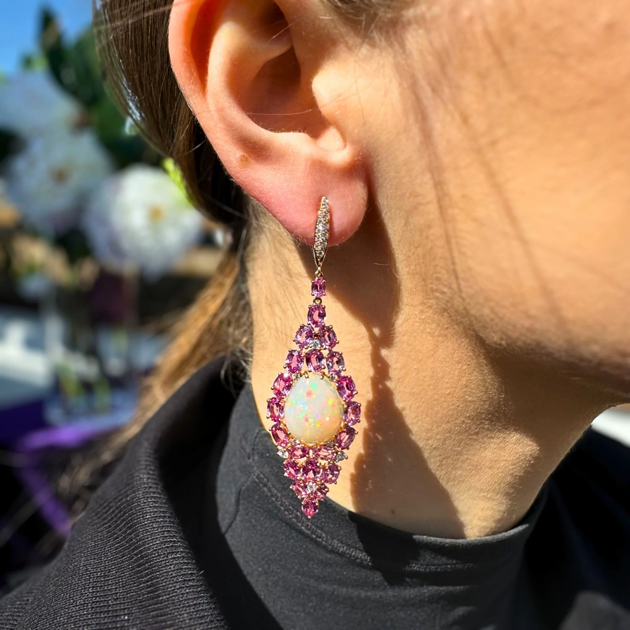 Chandeliers Diamond Pink Sapphire Opal 18K Yellow Gold Exclusive Earrings - Image 2